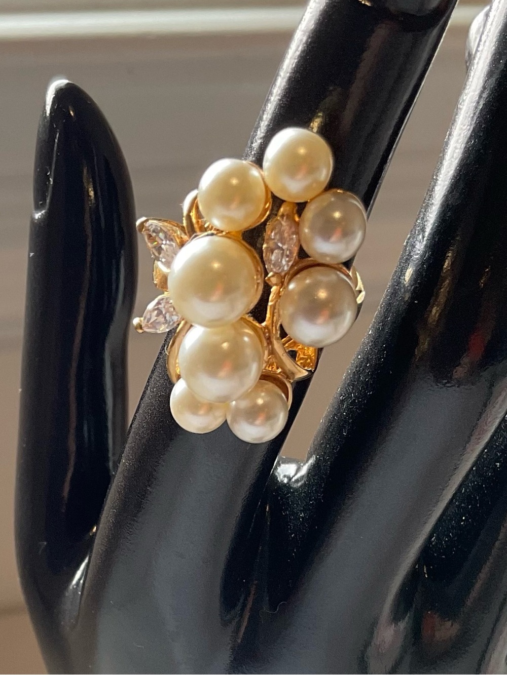 Vintage Costume Pearl & Rhinestone Cocktail Ring